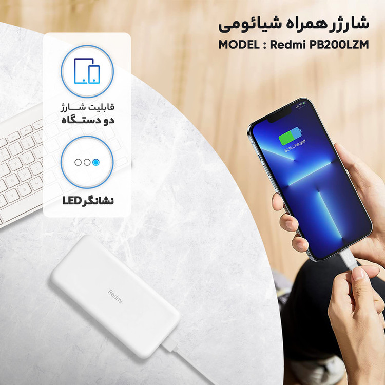 پاوربانک شیائومی اورجینال Redme PB200LZM ظرفیت ۲۰هزار +کابل هدیه میکرو فست شارژ+6 ماه گارانتی شرکتی